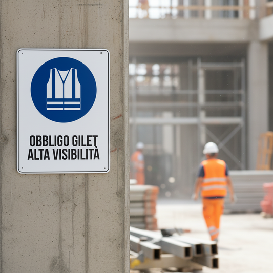 Cartello Obbligo Gilet Alta Visibilità ambientato in cantiere