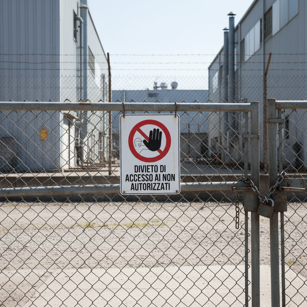 Cartello Divieto di Accesso ai Non Autorizzati ambientato in area industriale