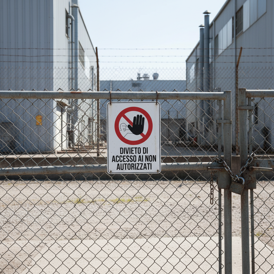 Cartello Divieto di Accesso ai Non Autorizzati ambientato in area industriale