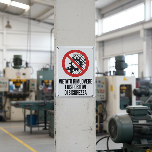 Cartello vietato rimuovere i dispositivi di sicurezza ambientato in area di lavoro