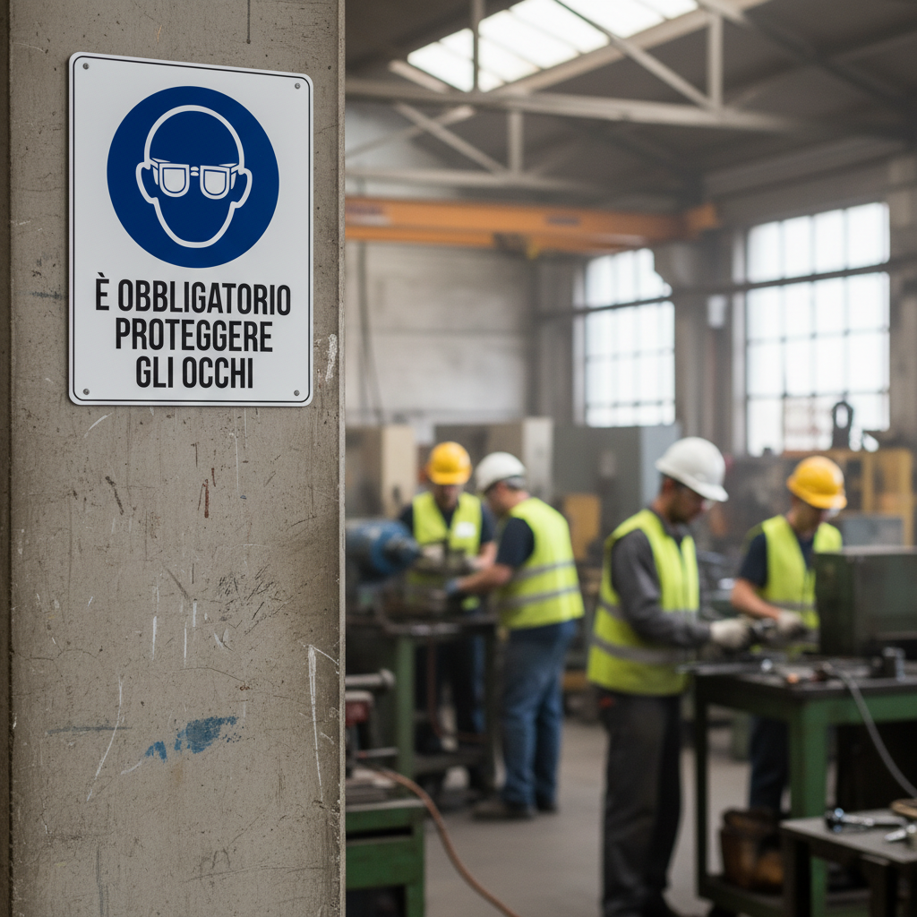 Cartello Obbligo Protezione Occhi ambientato in cantiere