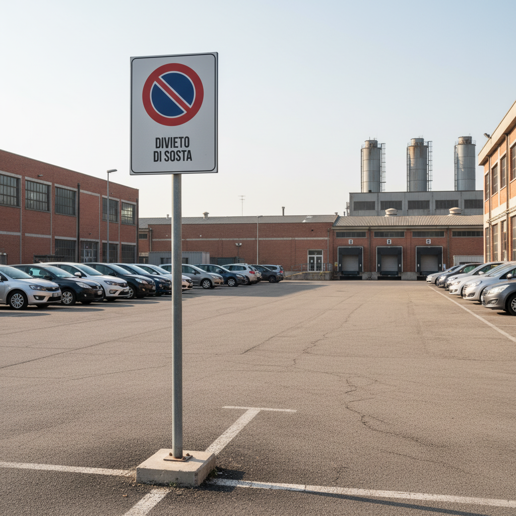 Cartello Divieto di Sosta ambientato in parcheggio industriale