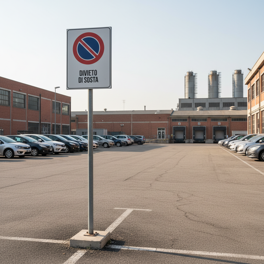 Cartello Divieto di Sosta ambientato in parcheggio industriale
