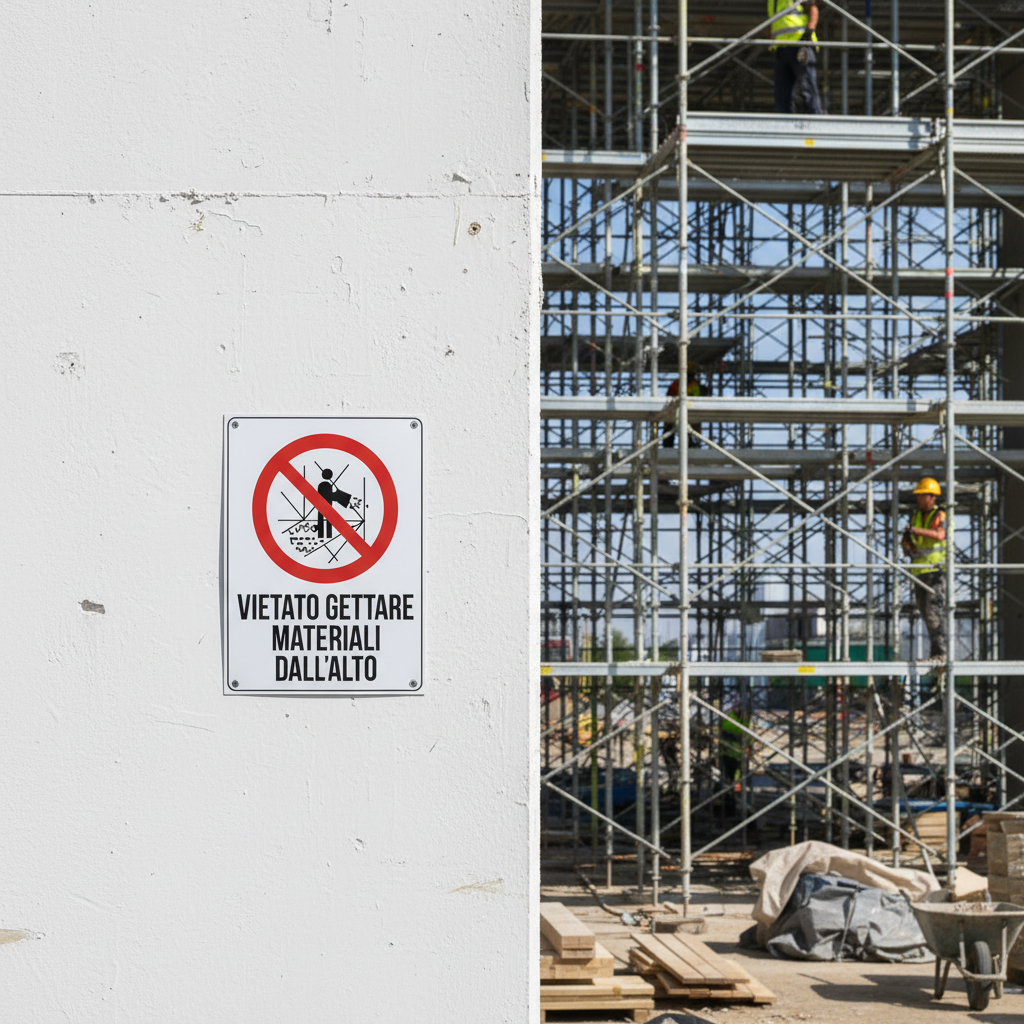 Cartello vietato gettare materiali dall'alto ambientato in cantiere