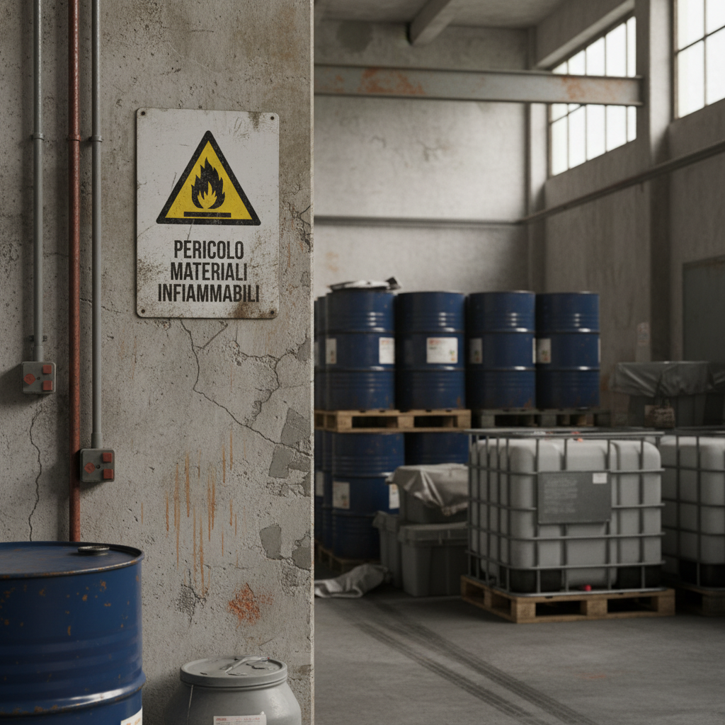 Cartello Pericolo Materiali Infiammabili ambientato in cantiere