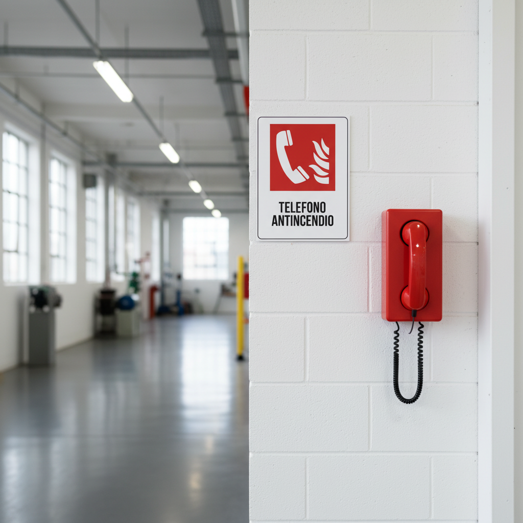 Cartello telefono antincendio ambientato in area di lavoro