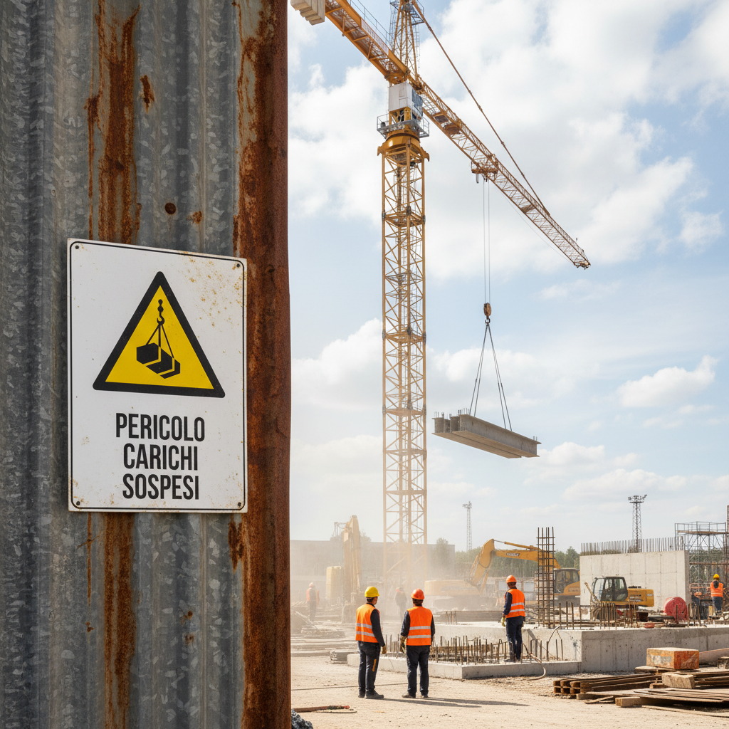 Cartello Pericolo Carichi Sospesi ambientato in cantiere