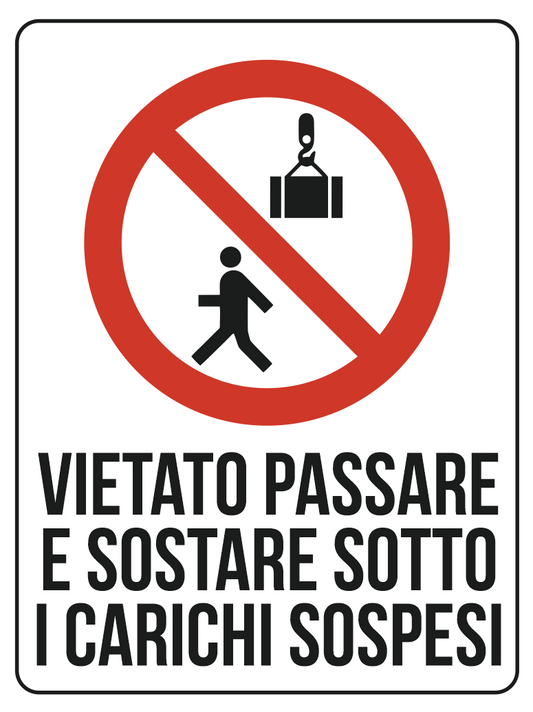 Cartello vietato passare e sostare sotto i carichi sospesi