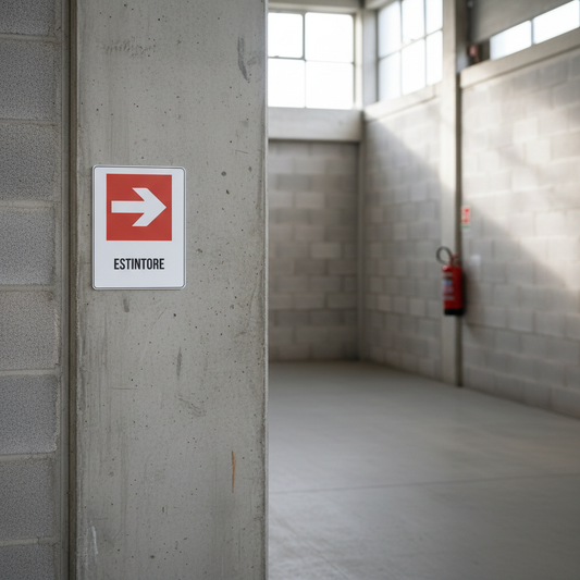 Cartello Direzione Estintore ambientato in corridoio industriale