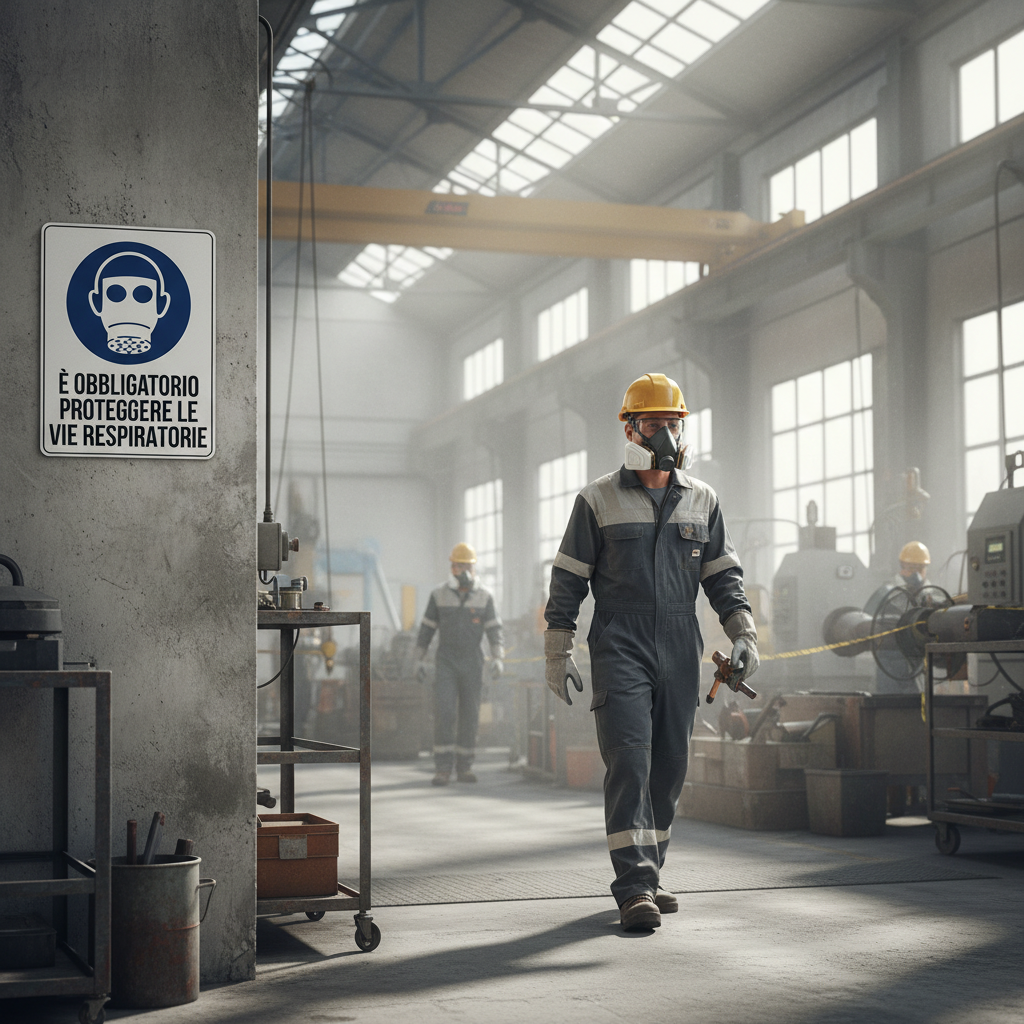 Cartello protezione vie respiratorie in ambiente industriale