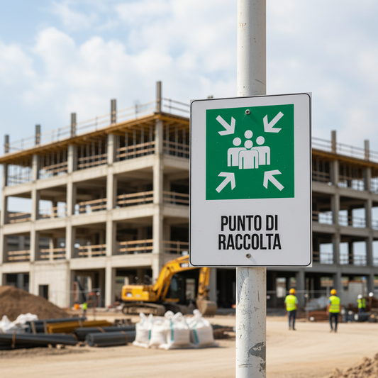 Cartello punto di raccolta ambientato in area di lavoro