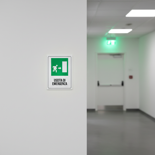 Cartello Uscita di Emergenza ambientato in corridoio industriale