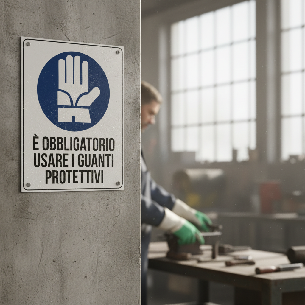 Cartello Obbligo Guanti ambientato in cantiere