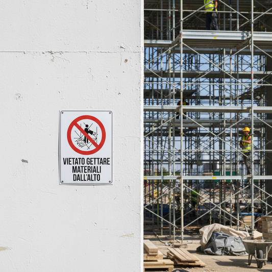 Cartello vietato gettare materiali dall'alto ambientato in cantiere