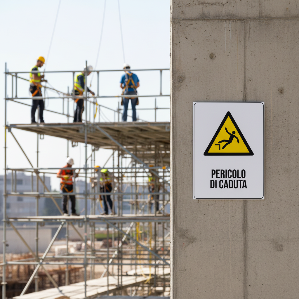 Cartello Pericolo di Caduta ambientato in cantiere