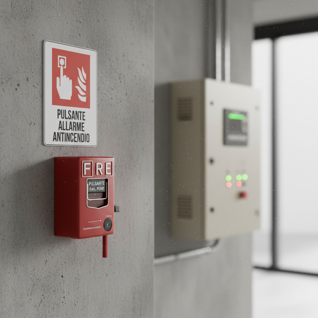 Cartello Pulsante Allarme Incendio ambientato in edificio industriale