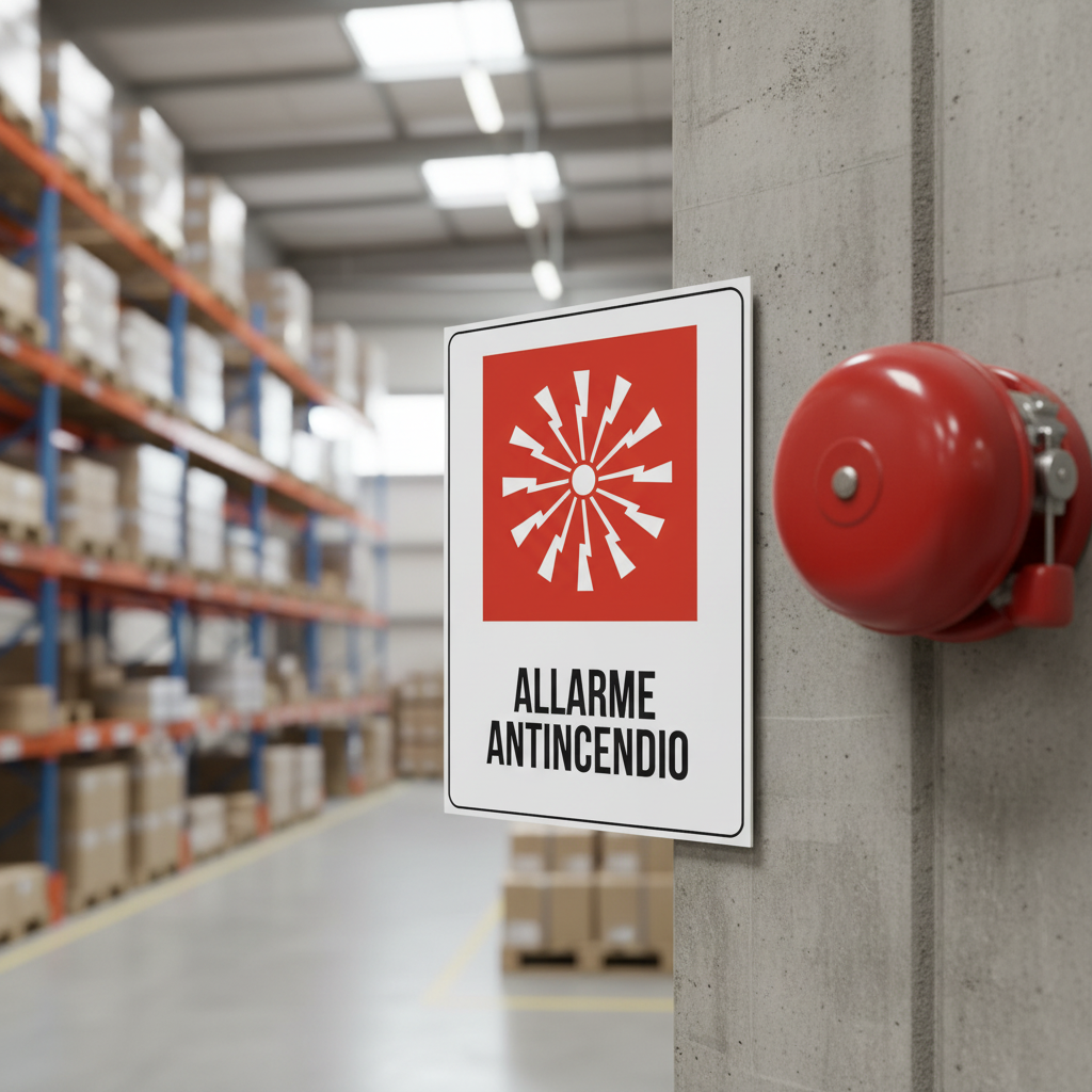 Cartello Allarme Antincendio ambientato in edificio industriale