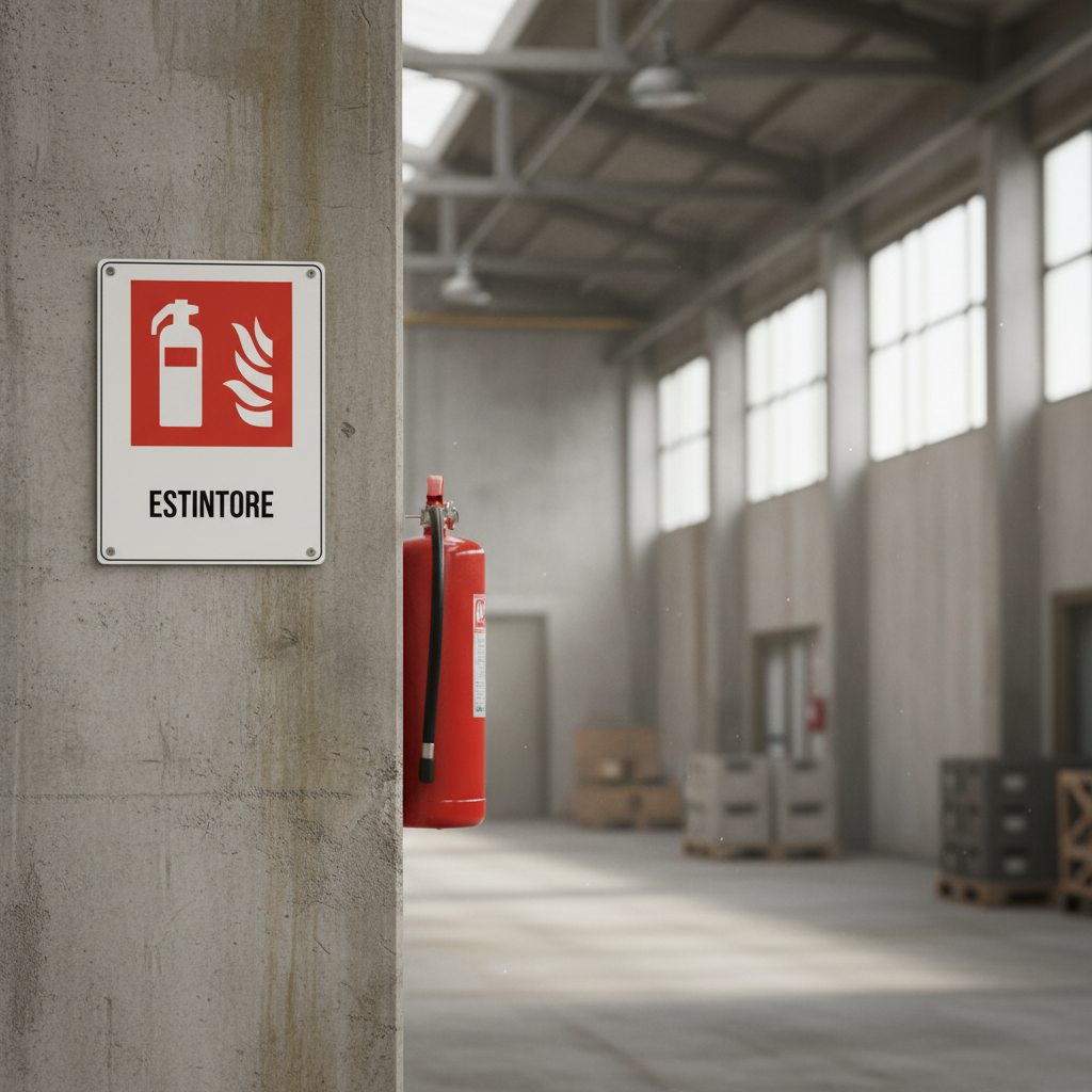 Cartello Estintore ambientato in magazzino industriale