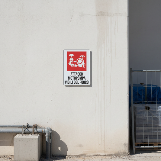 Cartello attacco motopompa vigili del fuoco ambientato in area di lavoro